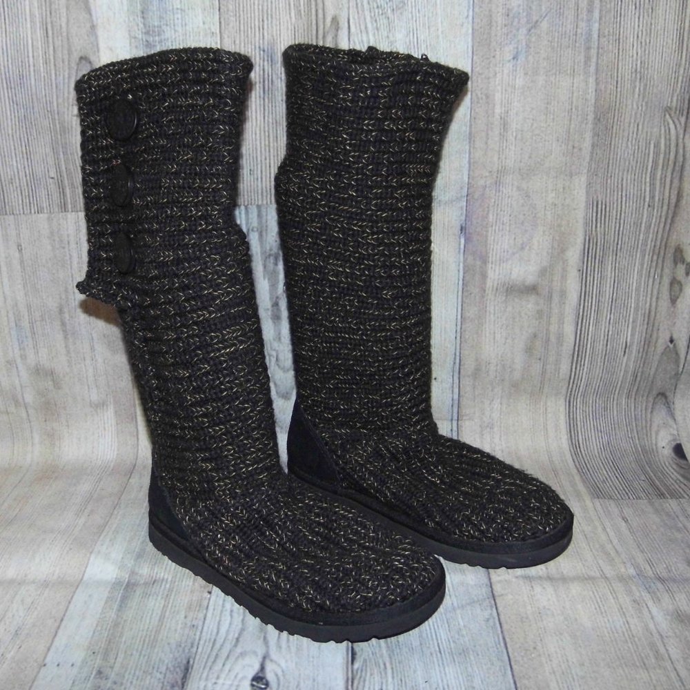 UGG Classic Cardy Black/Gold Knit/Sheepskin(Footbeds) Boots Womens Size 7
